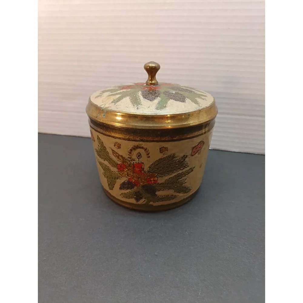 Vintage Lidded Canister Jar Christmas Cloisonné Enamel Solid Brass Hand Pained